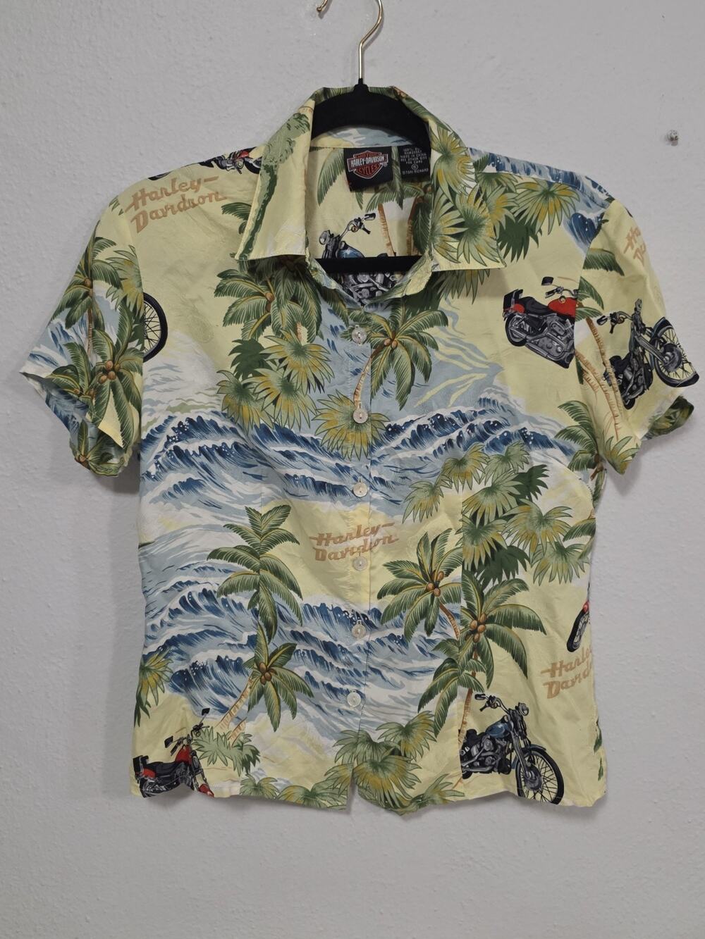 Vintage Harley-Davidson Tori Richard Hawaiian Shirt Women 100% Silk Size Small